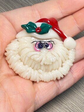 Vintage Santa Claus Brooch Handmade Spaghetti Beard Resin Clay Pin